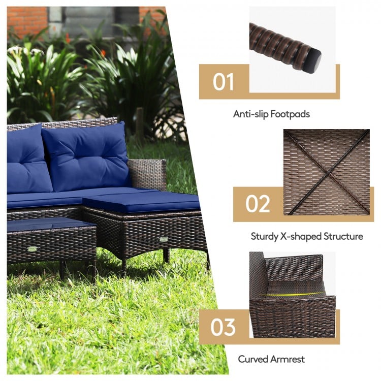 3-piece patio furniture sectional set featuring navy cushions, sturdy X-shaped structure, and anti-slip footpads for.