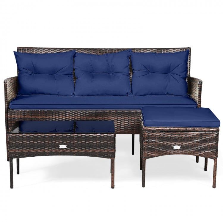 3-piece patio furniture sectional set with navy cushions, featuring a sturdy rattan design and a coffee table for.