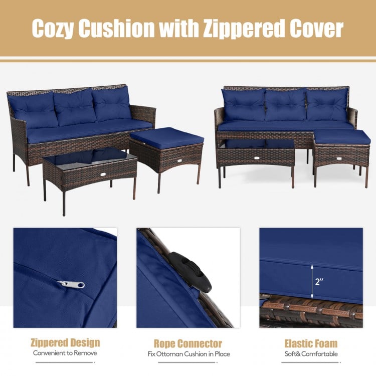 3-piece patio furniture sectional set with navy cushions, featuring a sturdy steel frame and all-weather rattan for.