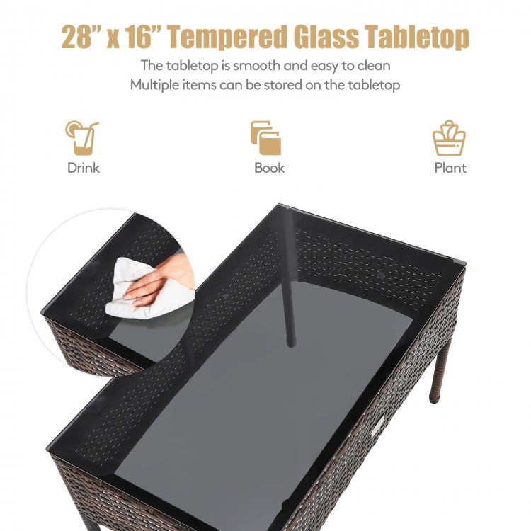 Tempered glass tabletop of a patio coffee table, featuring a smooth surface for easy cleaning and stylish design.