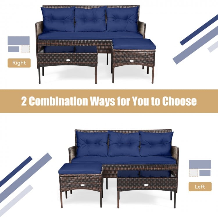 3-piece patio sectional set with navy cushions, featuring a sturdy frame and flexible arrangement for outdoor comfort.
