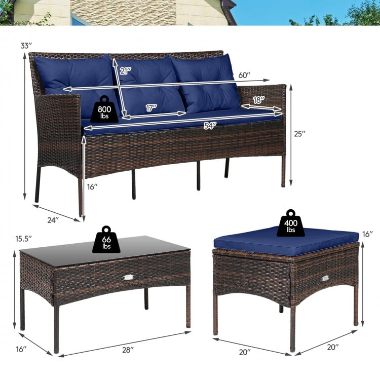 Dimensions of the 3-piece patio furniture sectional set with navy cushions, showing size for easy arrangement in.