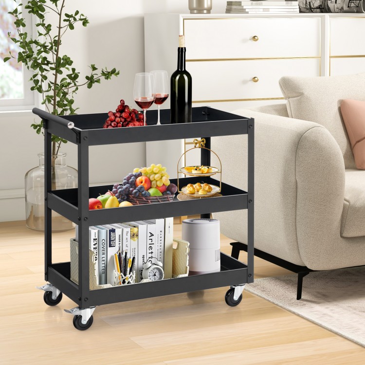 3-tier black metal utility cart with handle and wheels, showcasing fruits and drinks for versatile home use.