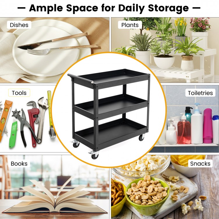 3-tier black utility cart with wheels, ideal for storage of tools, books, and snacks in homes or offices.