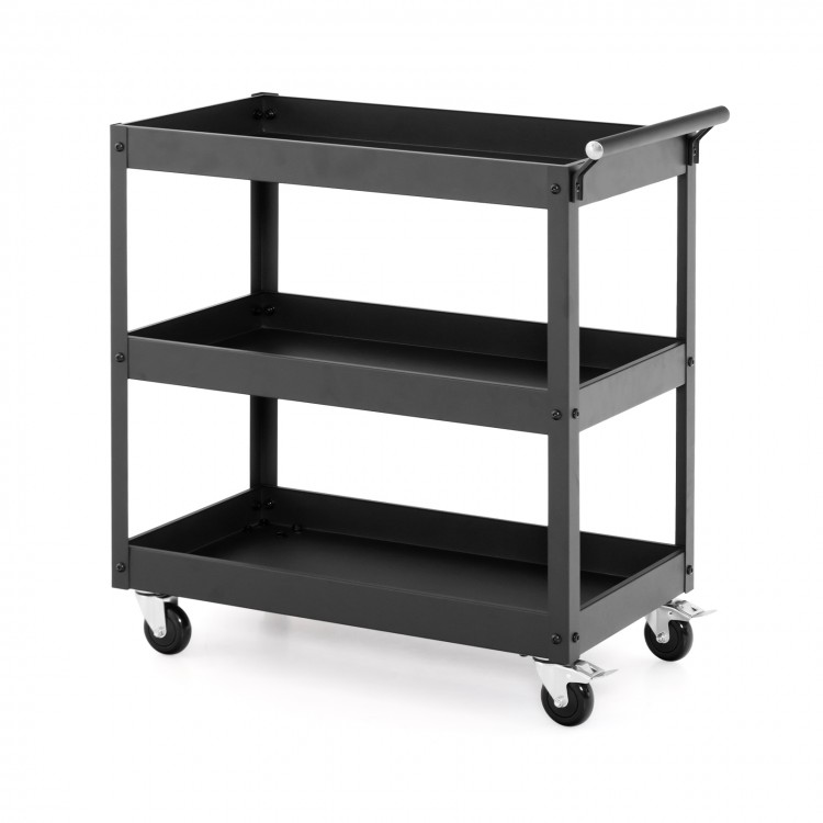 3-tier black metal utility cart with handle and universal wheels, ideal for versatile storage in homes or offices.