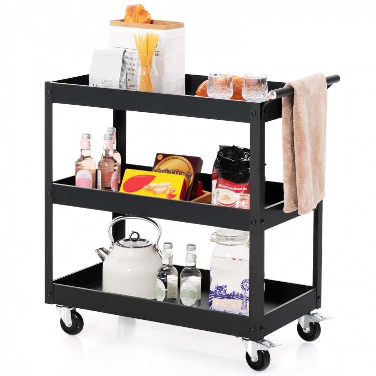 3-tier black utility cart with handle and wheels, ideal for versatile storage in homes, offices, or restaurants.