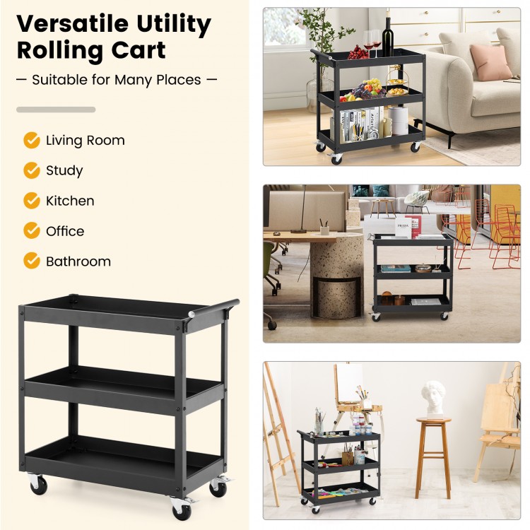 3-tier black metal utility cart with handle and wheels, ideal for versatile use in kitchens, offices, and living spaces.