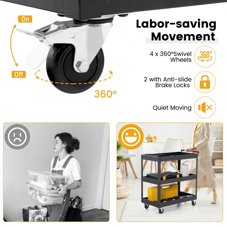 3-tier black utility cart with 360° swivel wheels and ergonomic handle, ideal for versatile storage and easy mobility.