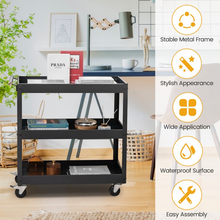 3-tier black metal utility cart with handle and wheels, ideal for versatile storage in homes and offices.