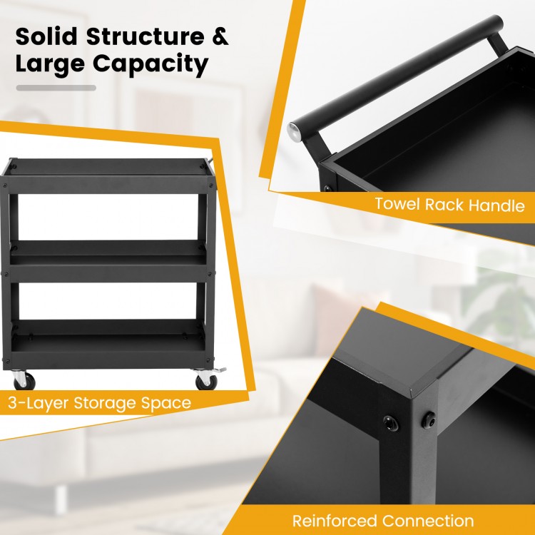 3-tier black metal utility cart with ergonomic handle, 55lbs capacity per tier, ideal for home or office use.