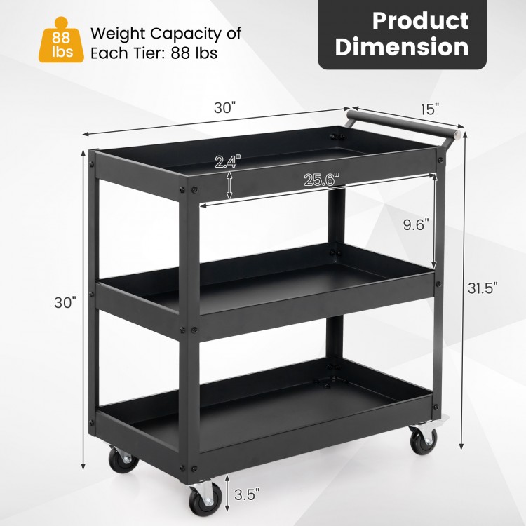 3-tier black metal utility cart with handle, 360° wheels, and 55lbs capacity per tier, ideal for versatile storage.