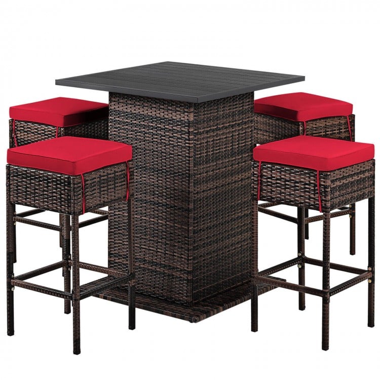 5-piece patio rattan bar table set with cushioned red stools and hidden storage, perfect for outdoor leisure.