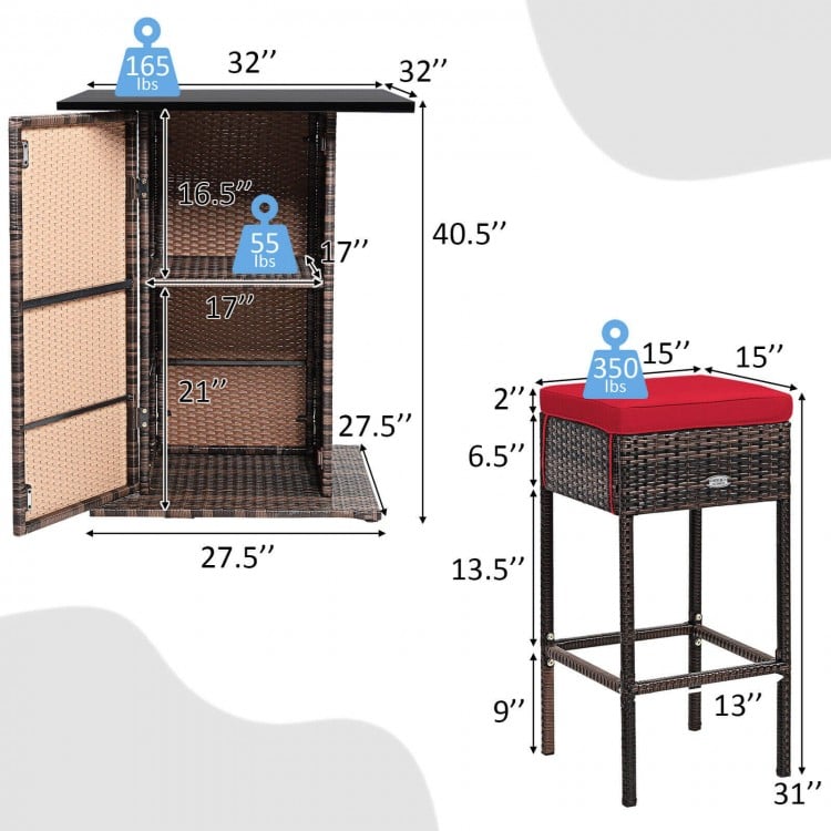 5-piece patio rattan bar table and stool set with hidden storage, cushioned red seats, ideal for outdoor use.
