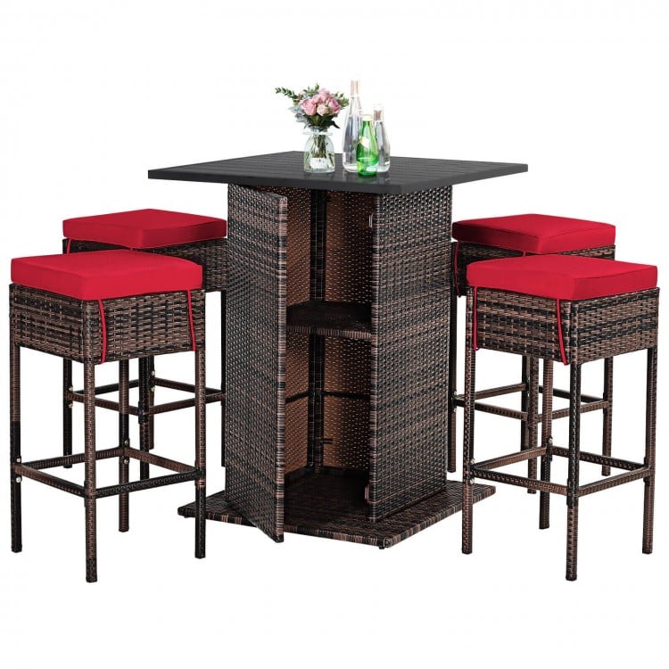 5-piece patio rattan bar table and stool set with red cushions, featuring hidden storage and weather-resistant design.