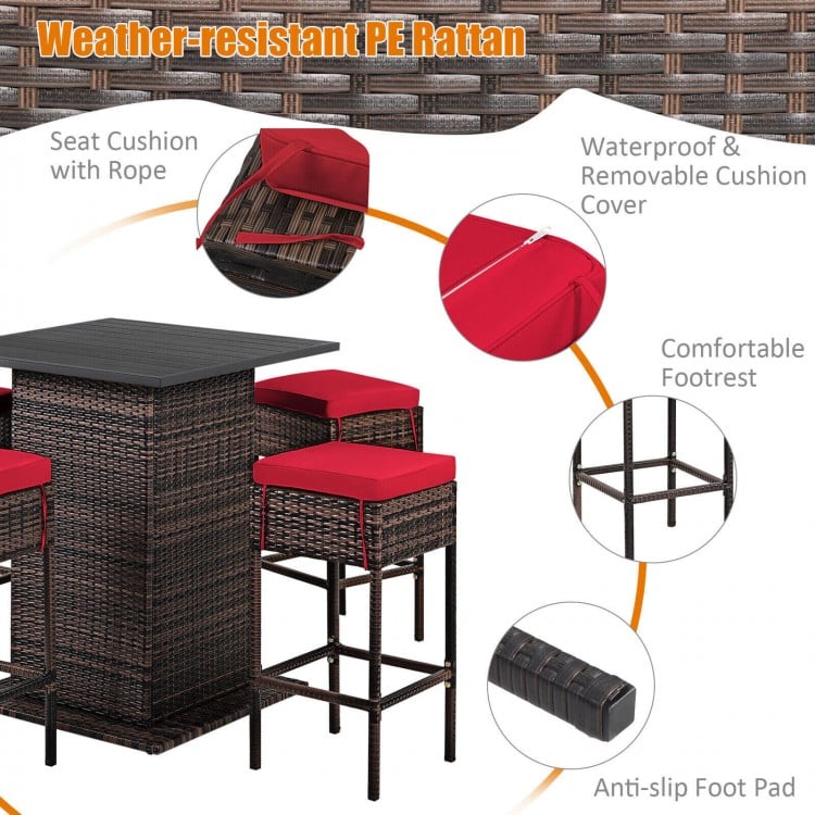 5-piece patio rattan bar set with red cushioned stools, featuring hidden storage and weather-resistant PE rattan for.