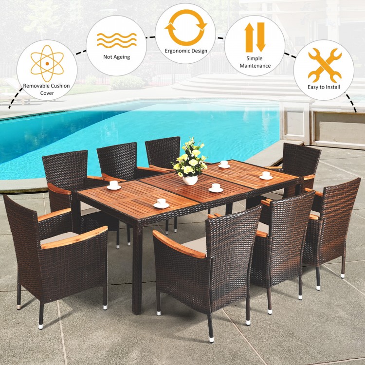 Detailed view of stackable cushioned chairs with comfy armrests from the 9 Pieces Rattan Dining Set, perfect for.
