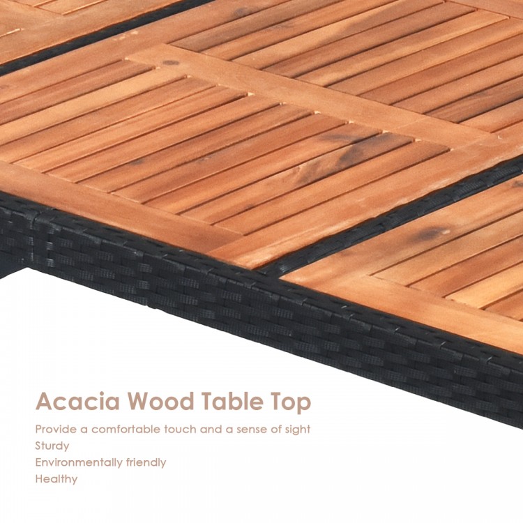 Acacia wood table top of a 7-piece patio rattan dining set, showcasing a sturdy and environmentally friendly design.