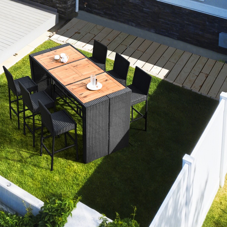 7-piece patio rattan wicker dining set with a wooden table and bar stools, perfect for outdoor dining and relaxation.
