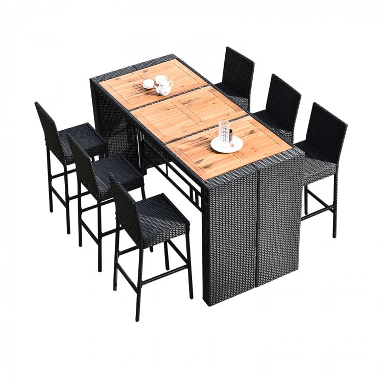 7-piece patio rattan wicker dining set with a wooden table and 6 bar stools, perfect for indoor and outdoor use.
