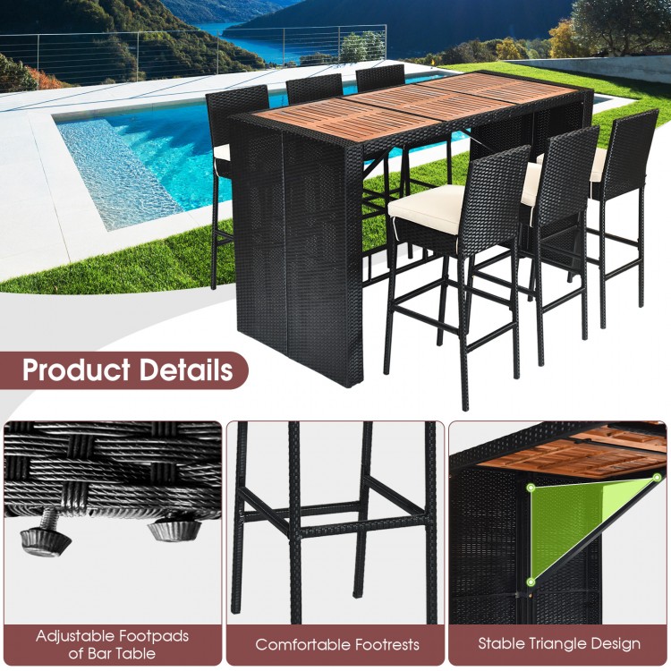 7-piece patio rattan wicker dining set featuring a table and 6 bar stools with waterproof cushions for outdoor use.