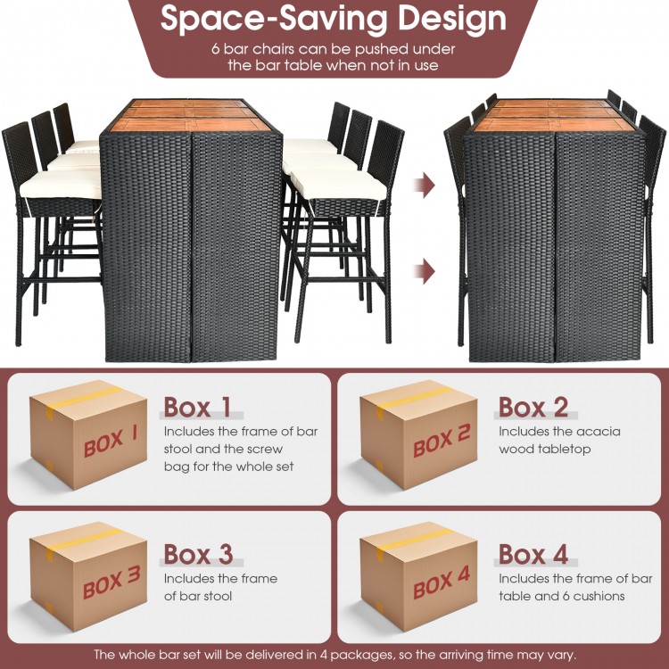 7-piece patio rattan wicker dining set with a table and 6 bar stools, featuring waterproof material and high-resilience.