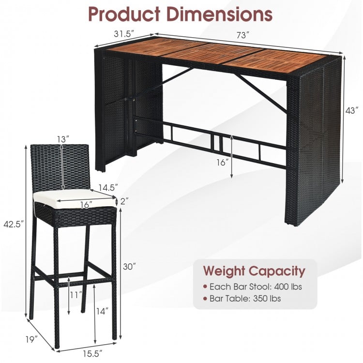 Patio rattan wicker dining set with a 73" table and 6 bar stools, featuring waterproof material and high-resilience.