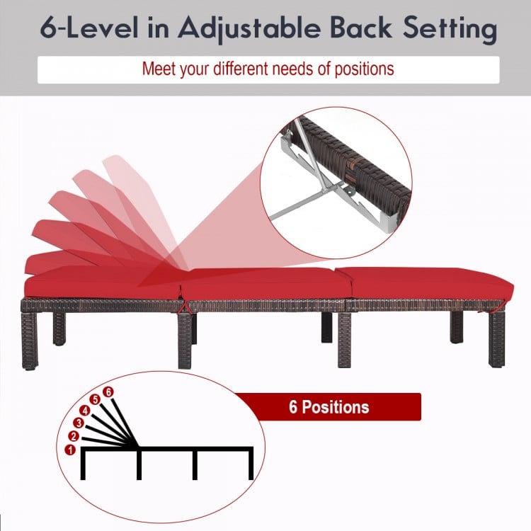 Adjustable outdoor rattan chaise lounge in red with 6 reclining positions and removable cushion for comfort and.