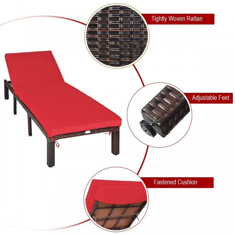 Red cushioned outdoor rattan chaise lounge with adjustable backrest and sturdy steel frame for patio relaxation.