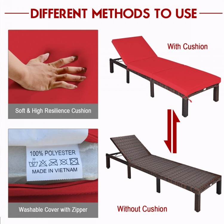 Adjustable outdoor rattan chaise lounge with red cushion, showcasing soft comfort and weather-resistant design for.