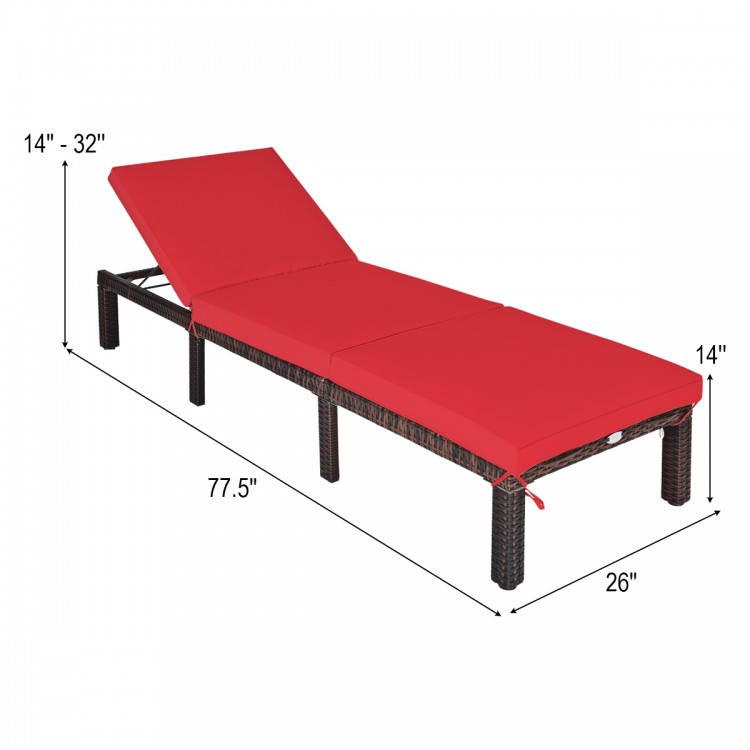 Red outdoor rattan adjustable chaise lounge with cushioned seat, suitable for patio and poolside relaxation.