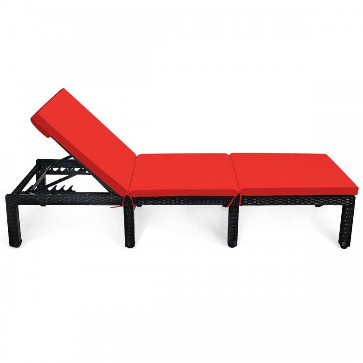 Height adjustable patio rattan lounge chair with red cushion, featuring durable black PE rattan for outdoor relaxation.