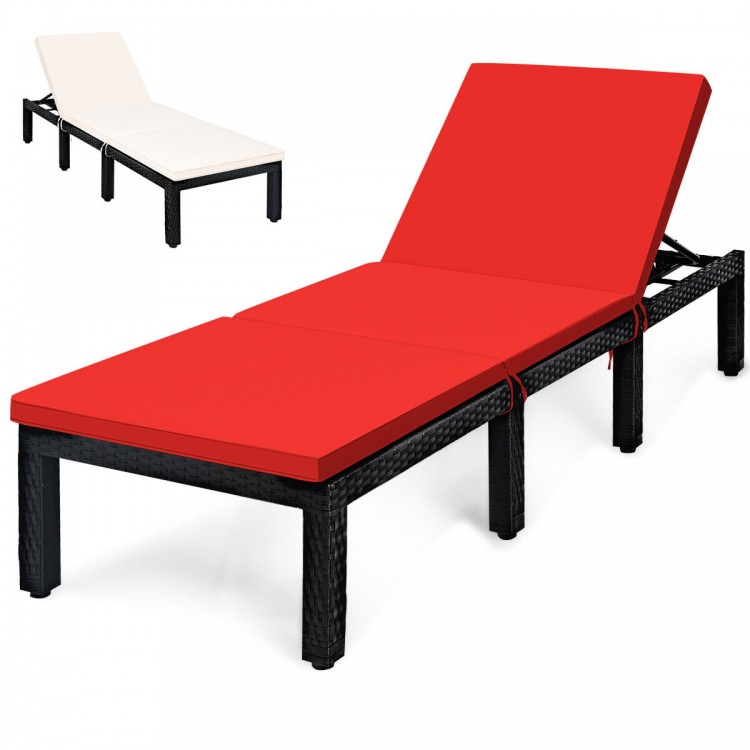 Height adjustable patio rattan lounge chair with red cushion, featuring a durable black PE rattan frame for outdoor use.