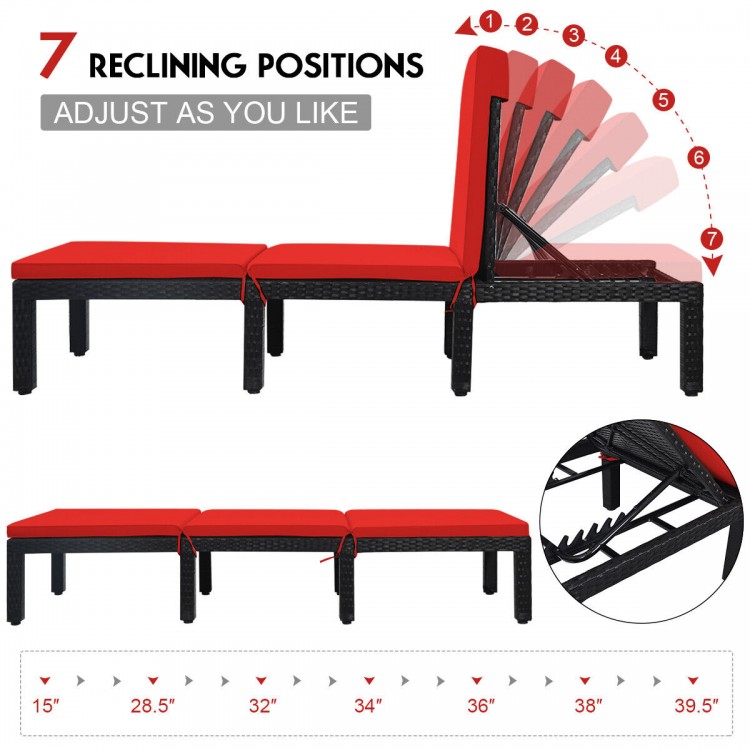 Height adjustable patio rattan lounge chair with red cushion, featuring 7 reclining positions for outdoor relaxation.