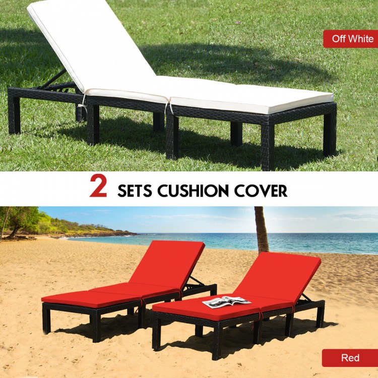 Height adjustable patio rattan lounge chair with red cushion cover, perfect for outdoor relaxation by the poolside.