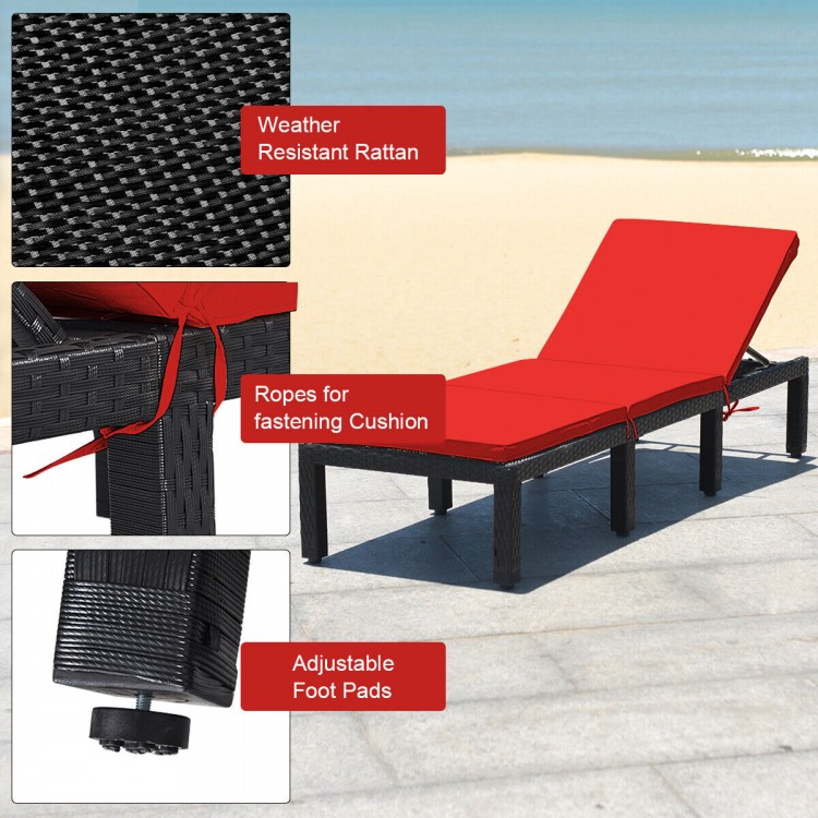 Height adjustable patio rattan lounge chair with red cushion cover, featuring durable PE rattan and adjustable foot.