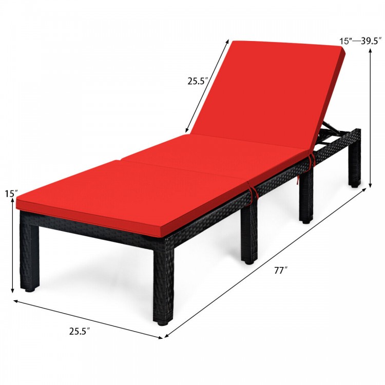 Height adjustable patio rattan lounge chair with red cushion, featuring a durable PE rattan frame for outdoor.