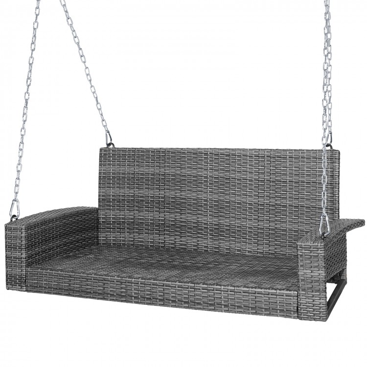 2-person patio PE wicker hanging porch swing bench in grey with sturdy chains and soft cushions for outdoor relaxation.