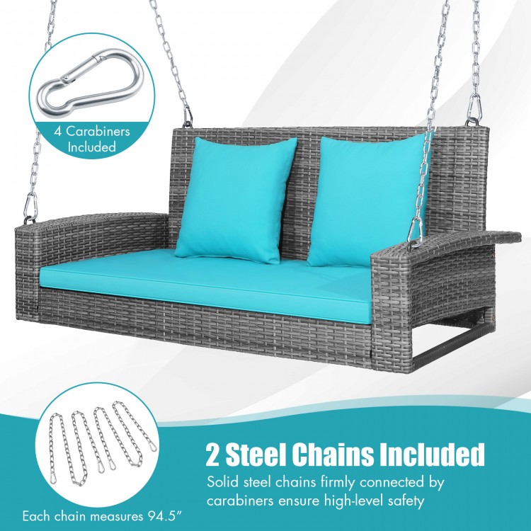 Side view of the 2-person patio PE wicker hanging swing bench, showcasing the durable grey rattan and removable.