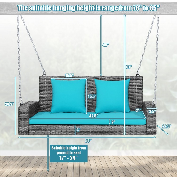 Turquoise 2-person patio PE wicker hanging swing bench with cushions, featuring sturdy chains and 800 lbs capacity.