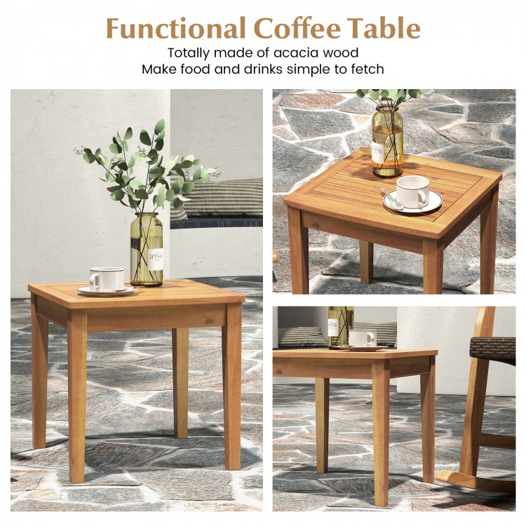Acacia wood coffee table with a sleek design, perfect for placing drinks and snacks on your patio or backyard.