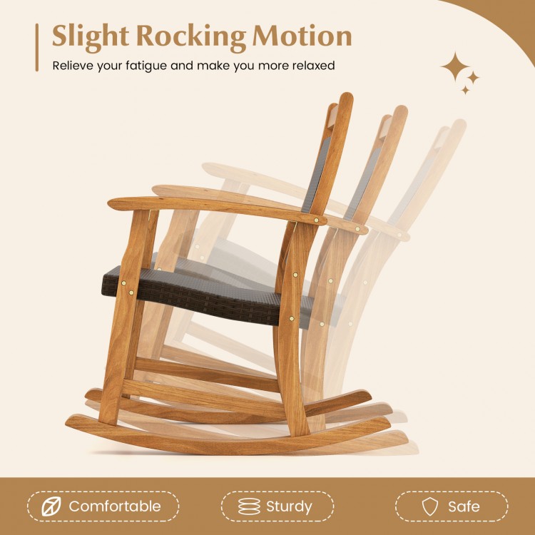 Acacia wood rocking chair from the 3-piece patio set, featuring ergonomic armrests and weather-resistant wicker for.