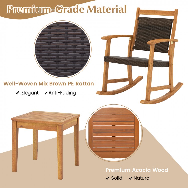 Acacia wood rocking chair set with well-woven mix brown PE rattan, perfect for patio relaxation and comfort.