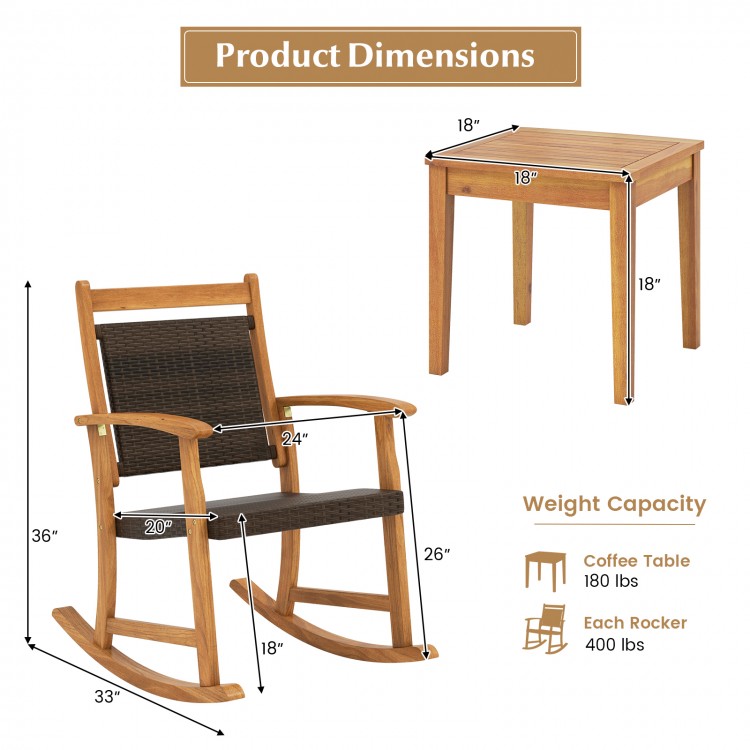 Acacia wood rocking chair set with side table, featuring weather-resistant wicker rattan, perfect for patio relaxation.