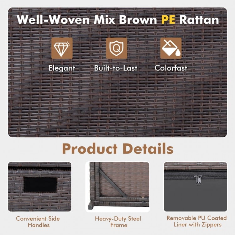 Well-woven mix brown PE rattan outdoor wicker storage box with zippered liner, ideal for patio and poolside use.