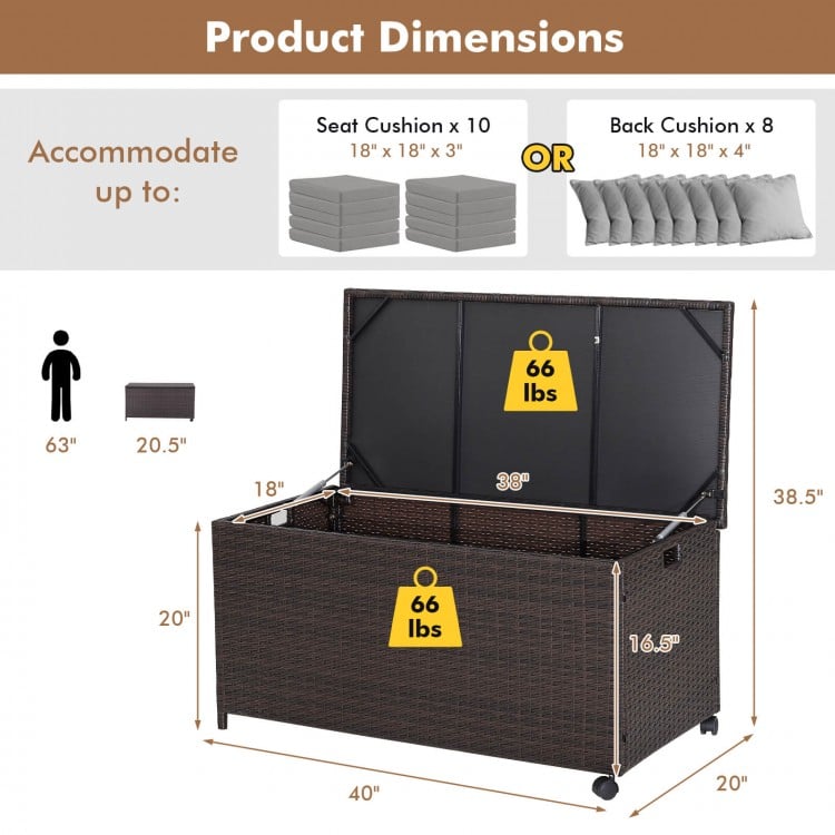 Outdoor wicker storage box with zippered liner, featuring a solid steel frame and safety pneumatic rods for stability.