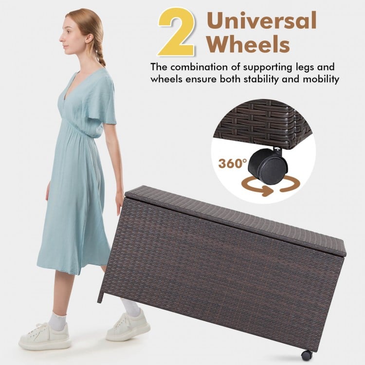 Outdoor wicker storage box with zippered liner, 50-gallon capacity, featuring universal wheels for easy mobility.