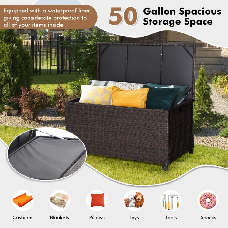 Outdoor wicker storage box with zippered liner, 50-gallon capacity, waterproof, ideal for patio and poolside use.