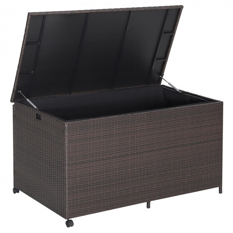 Outdoor wicker storage box with zippered liner, 133-gallon capacity, waterproof, ideal for patio or poolside use.