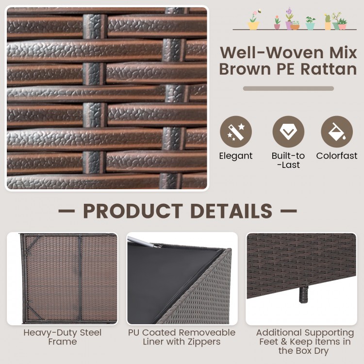 Outdoor wicker storage box with zippered liner, 133-gallon capacity, made of brown PE rattan for patio use.