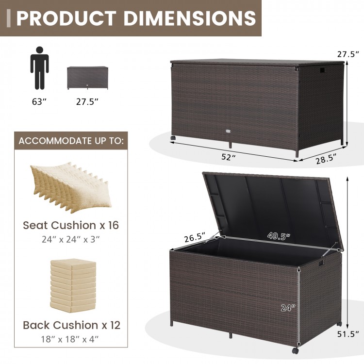 Dimensions of the outdoor wicker storage box with zippered liner, showcasing a 133-gallon capacity for versatile.